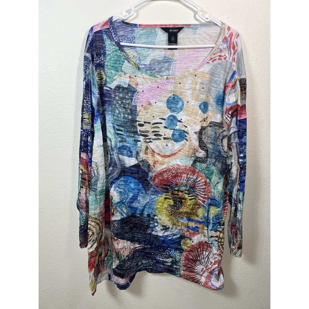 Ali Miles 3X Abstract Print Tunic Top 3/4 Sleeves Wearable Artsy Studded Burnout